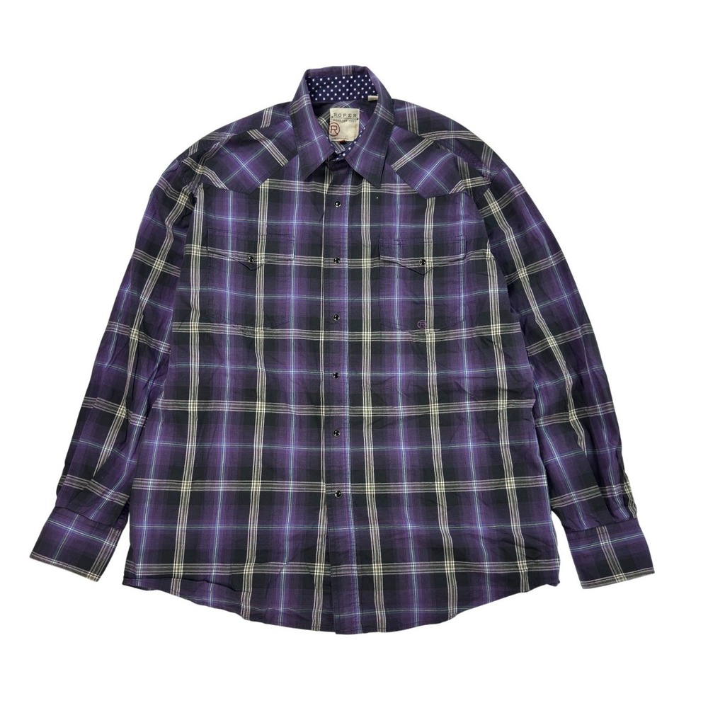 Roper Western Shirt Mens Size L Purple Plaid‎ Pearl Snap Long Sleeve Cowboy